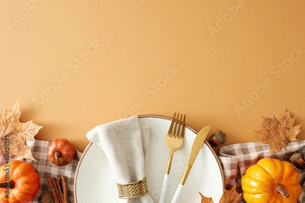 Obraz Enchanting autumn table decor. Top view shot of plates, cutlery, atmospheric tablecloth, napkin, autumnal decorations on pastel brown background with empty space for advert or message