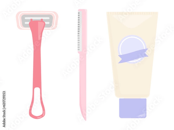 Obraz T字カミソリ・I字カミソリと除毛クリームのセットイラスト。