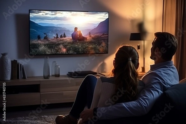 Fototapeta a couple sitting in front of a huge flat screen television in the living-room in the evening watching a movie spending leisure time together