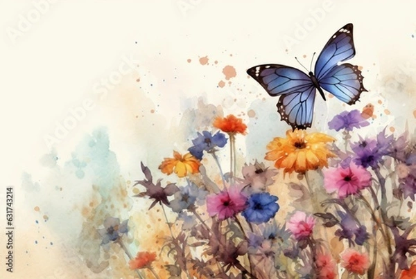 Fototapeta Beatiful Butterfly with flowers,watercolor drawing. generative ai