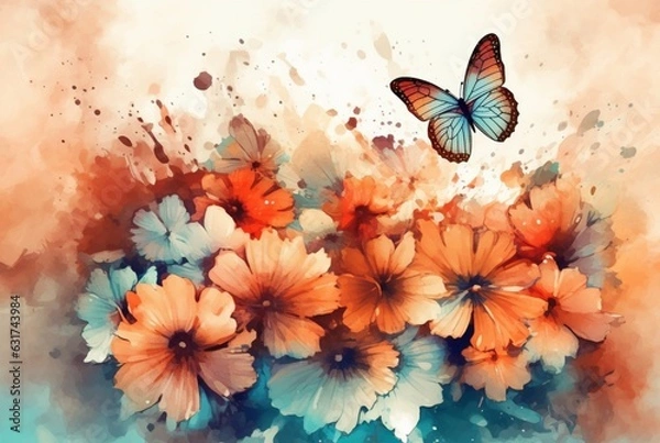 Obraz Beatiful Butterfly with flowers,watercolor drawing. generative ai