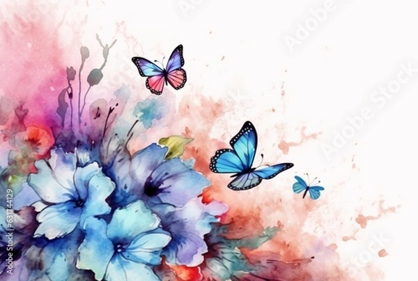 Fototapeta Beatiful Butterfly with flowers,watercolor drawing. generative ai