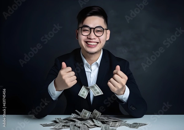 Fototapeta Happy business owner saving money. Business idea