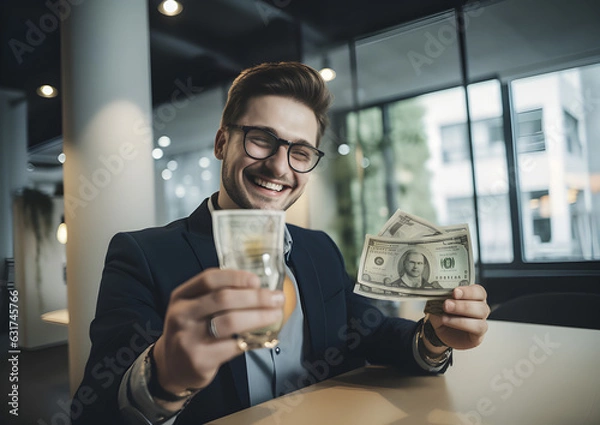 Fototapeta Happy business owner saving money. Business idea