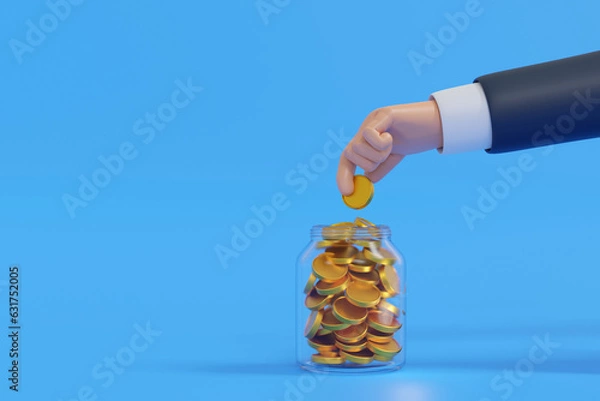 Fototapeta Hand put coin in clear glass jar or piggy bank, saving money concept, 3D rendering.