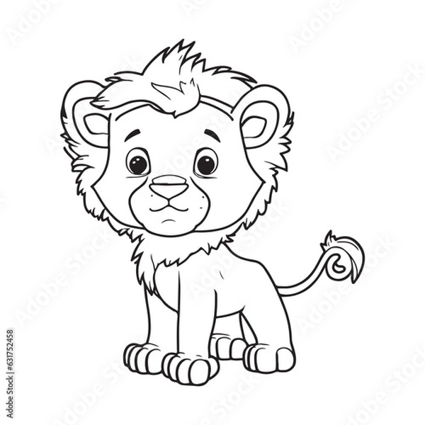 Fototapeta A little cute childish vector lion smiling. Vector illustration for coloring book
