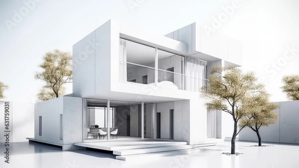 Fototapeta Isolated mockup of a 3D house standing on a white surface. Generative AI technology.