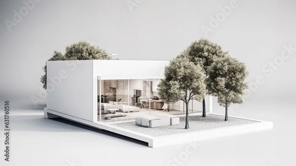 Fototapeta Isolated mockup of a 3D house standing on a white surface. Generative AI technology.