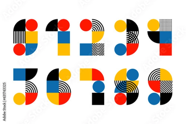 Obraz Numbers. Trendy font in retro Bauhaus design style. Artistic geometric printing type. Stylized alphabet drawing in blue, red, yellow and black