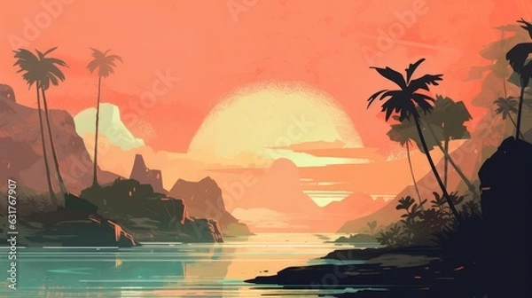 Fototapeta Travel illustration. Hawaiian islands. Art, minimalism, romanticism, watercolors, pastels. Generative AI.