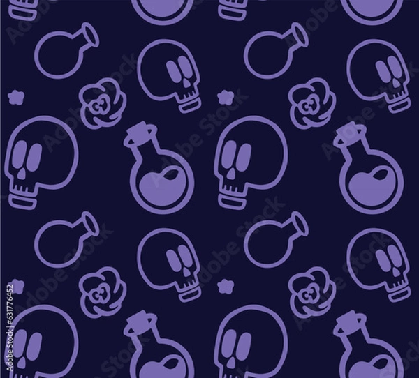 Obraz Seamless pattern with skulls and magic, magic, wizard, potion on a dark background. Simple vector doodle style.