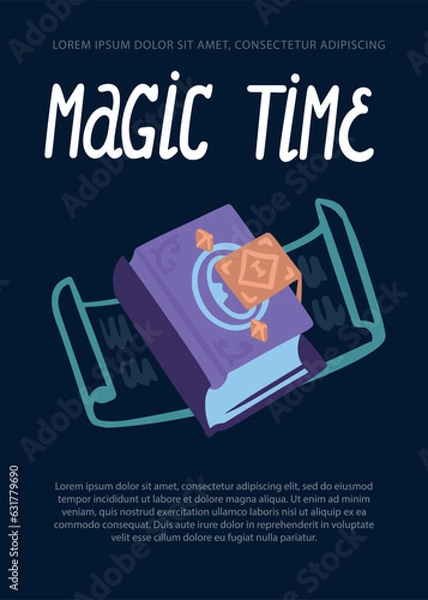 Obraz Magic time, magic poster, spell book, template vertical, simple vector doodle cartoon style
