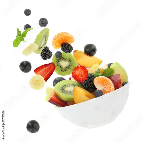 Fototapeta Fresh mixed fruits falling into a bowl isolated on white transparent background, PNG