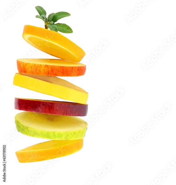 Fototapeta Healthy food, Fresh fruits slices stack isolated on white transparent background, PNG