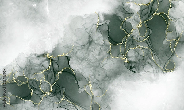 Fototapeta green alcohol ink graceful abstract ink flow art mixed with gold patterns with a translucent background.