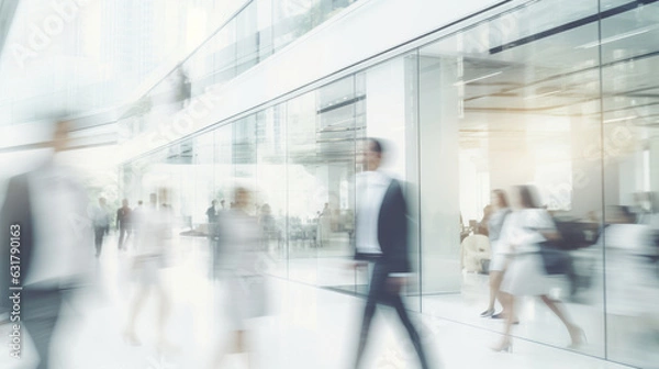 Fototapeta Generative AI. motion blur image of business people crowd walking at corporate office in city downtown, blurred background, business center concept, white color tone