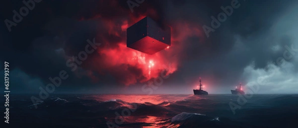 Fototapeta ominous red cub ufo over ocean with navy ships observing, paranormal horror concept, banner size, copy space