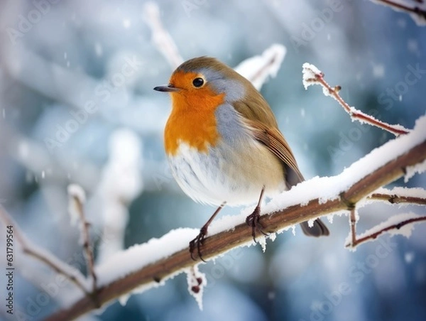 Fototapeta A robin on a branch in the snow