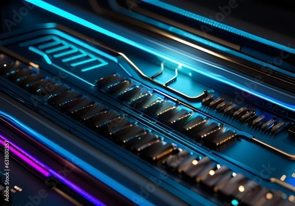 Fototapeta Elektronik - Technik - KI generierte Illustration von einer computerplatine mit prozessoren in blauem Licht