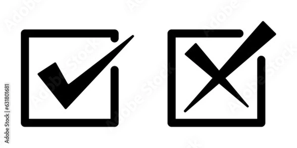 Obraz Right wrong symbol icon in square cut effect. Right, Wrong, Exclamation mark color. Vector set of flat box check mark, X mark icons, exclamation Checkmark, exclamation square sign, X mark in black