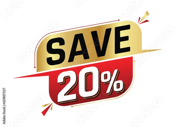 Fototapeta Save 20% isolated on white background. 20 percent. Sales concept. 3d illustration.