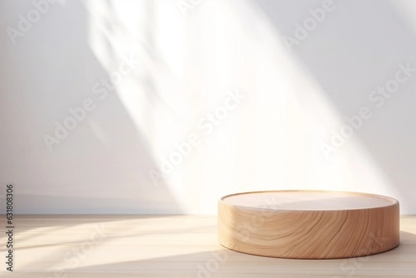Fototapeta Close up of Empty minimal natural wooden table counter podium with stone white wall .Minimal background for products presentation.Created with Generative AI technology