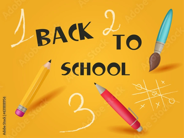 Fototapeta back to school vector illustration with pencil, pen, paintbrush and numbers on an orange background