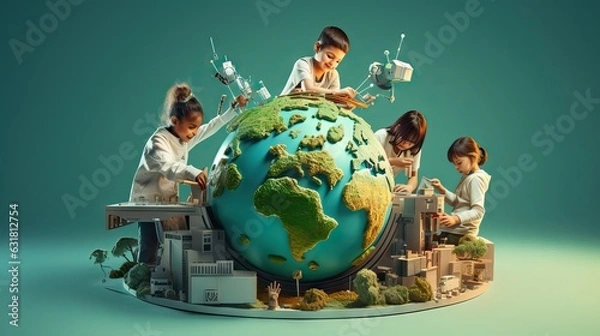Fototapeta Children gleefully interacting with a globe, embodying their innate curiosity to explore the world and delve into science. Generative AI