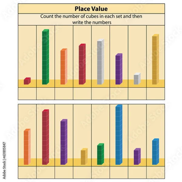 Fototapeta Place Value. stacked blocks counting. place value chart work. Vector illustration. Place Value  worksheet. Clipart image isolated on white background.