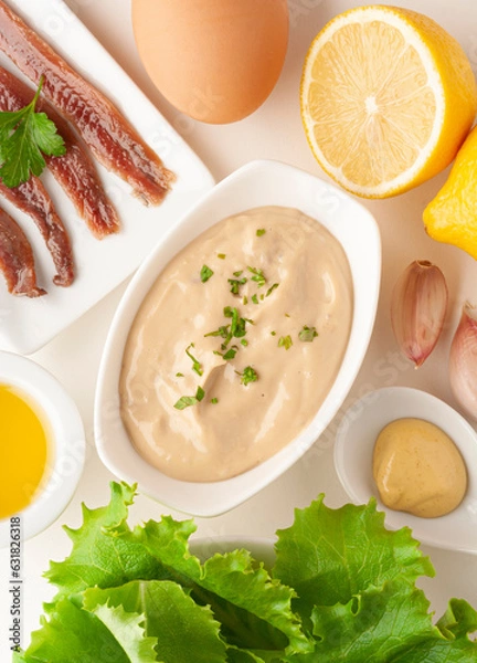 Obraz Caesar sauce with the ingredients of the preparation. overhead shot