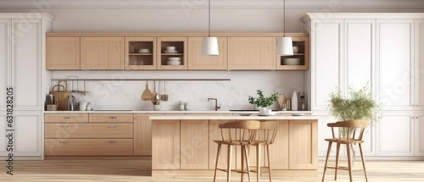 Fototapeta Scandinavian classic kitchen with wooden and white details, Luxury Kitchen Interior in white tone, Generative ai
