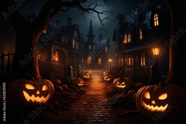 Fototapeta dimly lit street lined with Jack-O-Lanterns. The pumpkins' eerie glows create interesting shadows and highlight