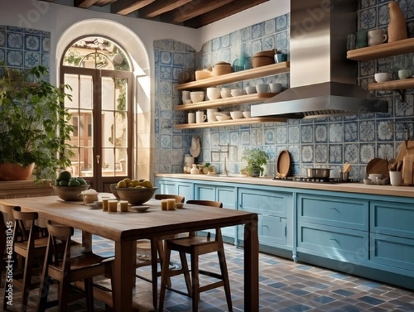 Fototapeta Modern artisanal kitchen with blue tiles and traditional Catalan architecture generative ai