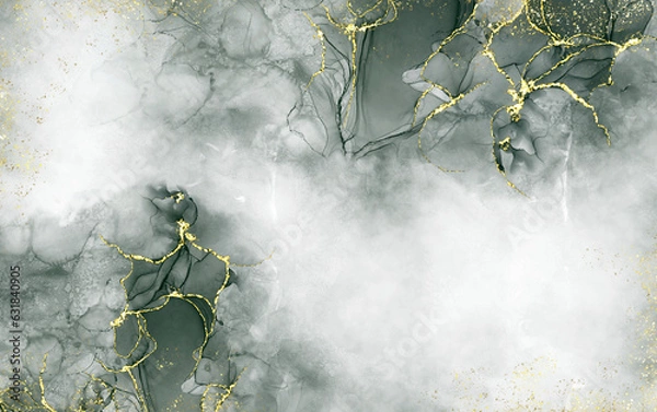 Fototapeta green alcohol ink graceful abstract ink flow art mixed with gold patterns with a translucent background.