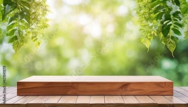 Obraz Empty Blank Brown Wooden Table Top Stand Platform Podium with Blurred Bokeh Green Foliage Leaves  View Background Backdrop Mockup For Product Presentation and Advertisement Natural Organic Healthy 