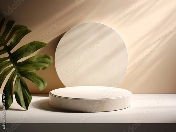 Fototapeta product display natural podium pedestal beige color background cream podium natural stone white and leaf background with texture modern, simple, minimal