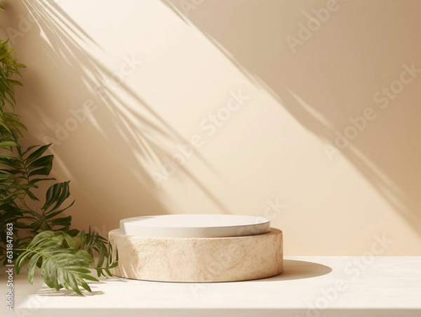 Fototapeta product display natural podium pedestal beige color background cream podium natural stone white and leaf background with texture modern, simple, minimal