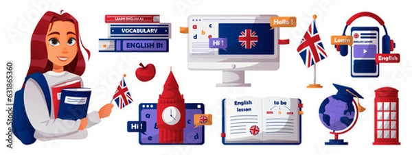 Fototapeta Set of english book, desktop, smartphone, girl student, british flag. English language school, club, course. Elementary grammar, vocabulary, audio lesson. Learn foreign languages online, education.