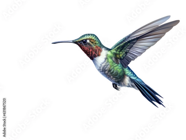 Obraz Bunter Kolibri sammelt Nektar an Blüten von tropischen Blumen, transparenter Hintergrund, generative KI