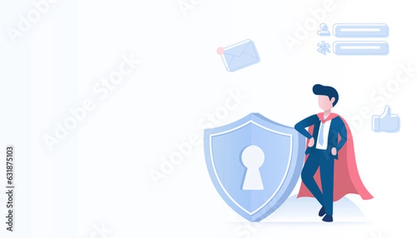 Obraz Concept of protection data and password form online threat. Super boss standing near shield protect account access, protect password. Flat vector design illustration with copy space.