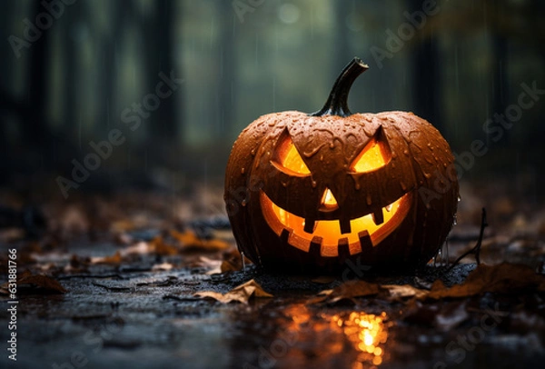 Fototapeta Hyper realistic lit pumpkin with a scary smile sitting on a ground in a scary forest on Halloween at rainy night | Pumpkin during the rain in a forest | Horror night Halloween