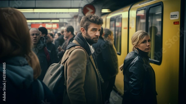 Fototapeta The dynamic movement of people entering or exiting a train, bus, or tram, navigating through the crowd