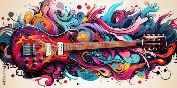 Fototapeta AI Generated. AI Generative. Draw paint sketch watercolor muisc guitar with color splash. Graphic Art