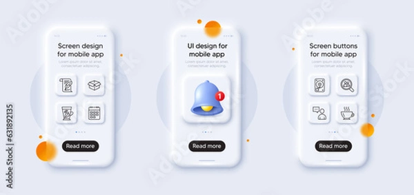 Fototapeta Calendar, Opened box and Feather line icons pack. 3d phone mockups with bell alert. Glass smartphone screen. Users chat, Coffee, Search employees web icon. Hdd, Mint leaves pictogram. Vector