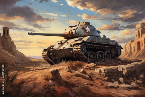 Fototapeta Illustration of a tank from the second world war in the desert against the background of the ruins and the sky with clouds. Generative AI.