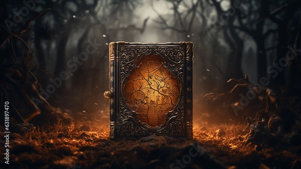 Obraz an open book of mystical fairy tales background in a foggy night forest the mystery of an old book
