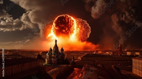 Fototapeta Nuclear explosion in Moscow. Bomb explosion on Red Square. Fall of Russia. A beautiful view of the sphere of burning Moscow. Fire mushroom.