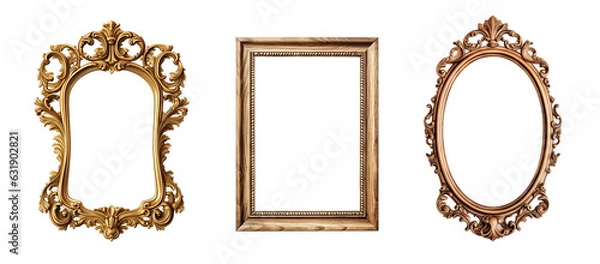 Obraz Golden and wooden frames on transparent background. Decorative elegant luxury design, frame set, collection, rococo style, png