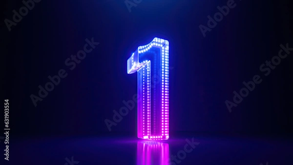 Obraz 3d rendering, pink blue neon number one, isolated on dark blue background with reflection. Digital sign 1 glowing in ultraviolet light