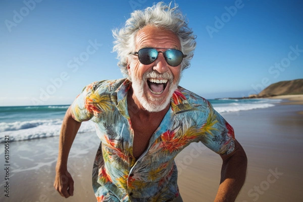 Fototapeta Lifestyles, travel, leisure and fashion concept. Close-up portrait of happy and beautiful mature man in beach. Sunny and windy day. Generative AI